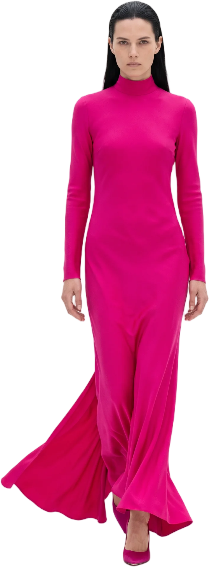 A model walking in a floor-length magenta gown, the train sweeping behind her