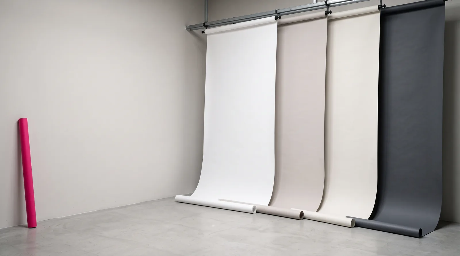 Four seamless backdrop rolls hanging in a studio, a magenta roll against the wall