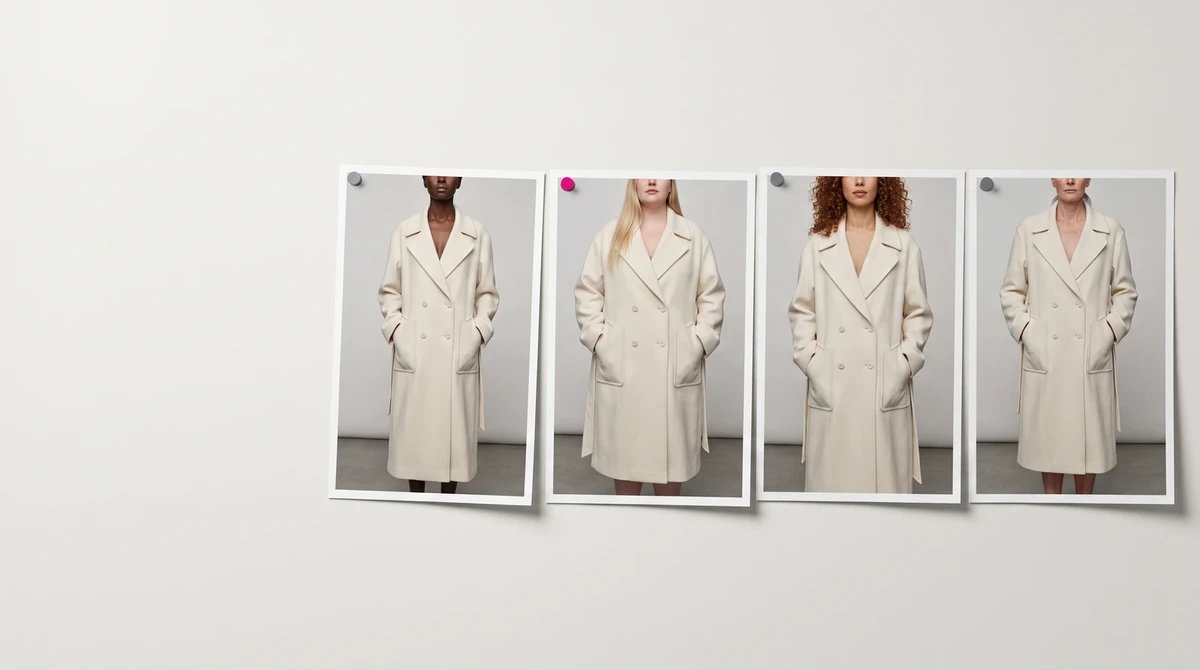 Four prints pinned to a studio wall showing the same ivory coat on four different women, one pushpin magenta