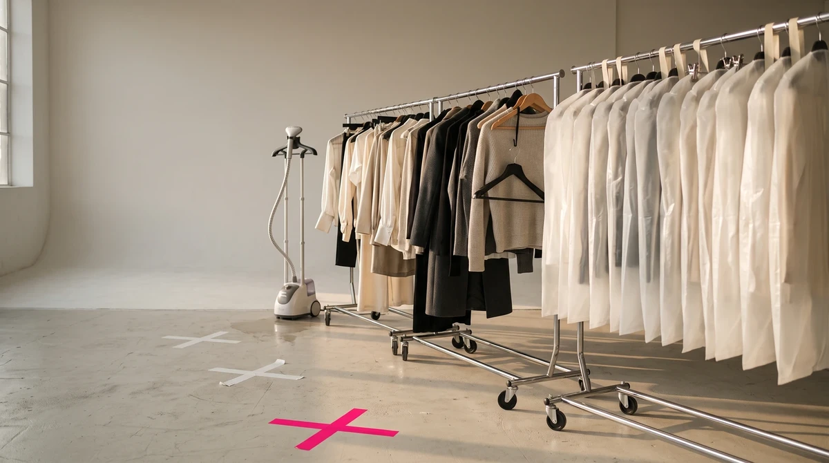 A studio at the end of a booked day: the near half of the rack unwrapped and worn, the far half still sealed in bags, and a magenta cross taped to the floor